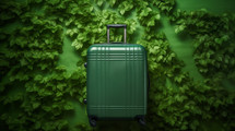 Green suitcase on a green leaf background. Travel concept. 