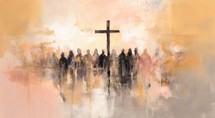 Crowd of people in front of a wooden cross. Easter background