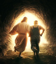 Jesus runs out of grave with an older man.