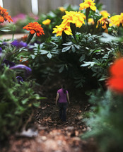 Miniature woman in a garden of marigolds.