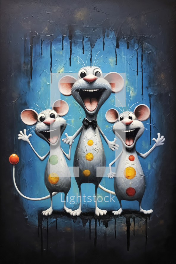 Portrait of a oil painting portrait of funny and happy mice on blue background.