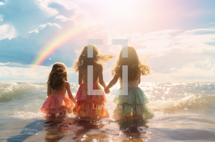 Little girls gazing at a rainbow in the splashing sea, radiating pure happiness