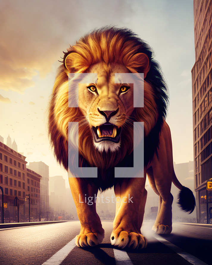 Lion prowling in the city