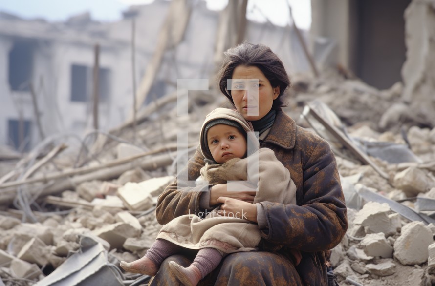 A woman of Eastern origin sits with a child amidst the wreckage of a destroyed house following a military missile strike, conveying a sense of despair and tragedy