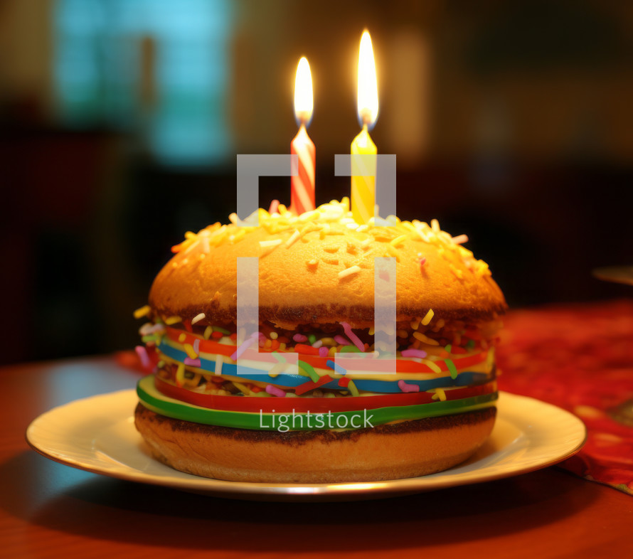 A close-up of a hamburger with a lit birthday candle, creating an unusual and playful birthday celebration