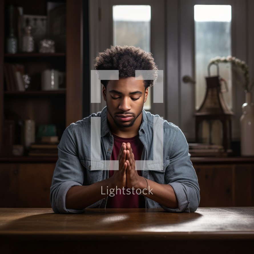 A young man praying at home with his hands folded