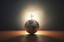 Conceptual image with christian cross and earth globe on wooden floor