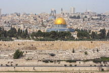 a view of the dome of the rock and the walled old city Jerusalem from the top of the mount of olives