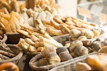 bread in baskets in a bakery 