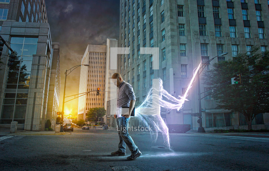 a man carrying a Bible and a glowing warrior 
