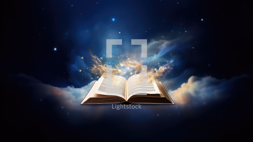 Open bible in the night sky with glowing stars. 3D rendering