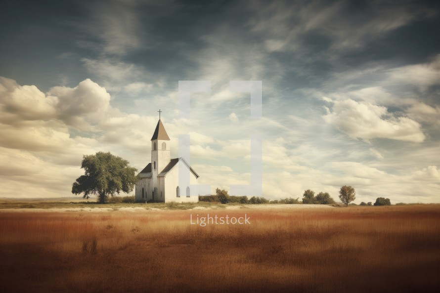 Church in the field. Vintage style toned picture with space for text