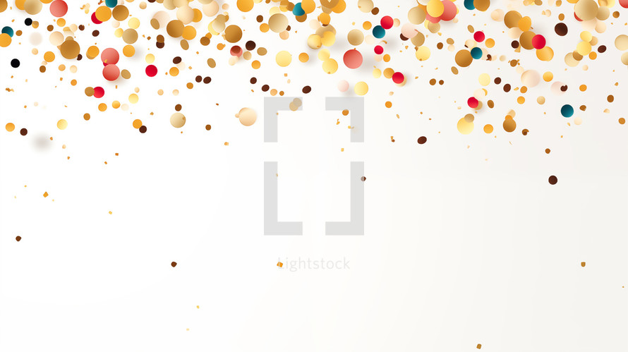 Gold and multi-colored confetti background on a cream background.