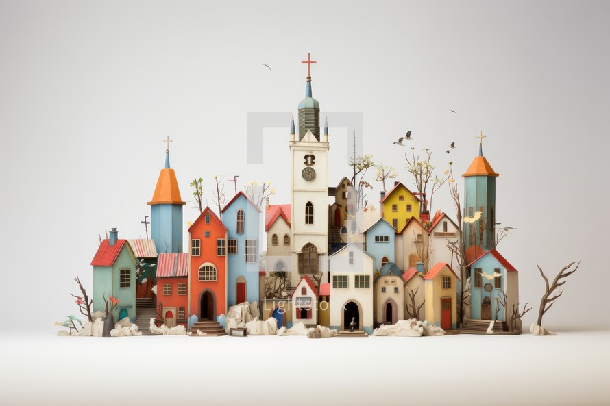 3d rendering of a small town with a church in the background