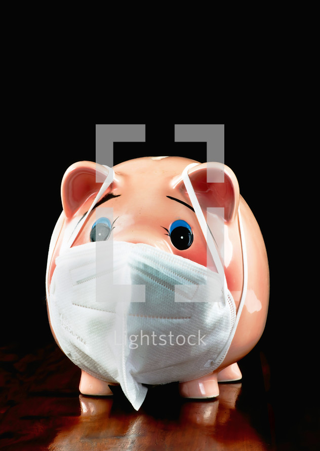 Piggy Bank wearing N95 face mask for protection of COVID-19 with room for your type.