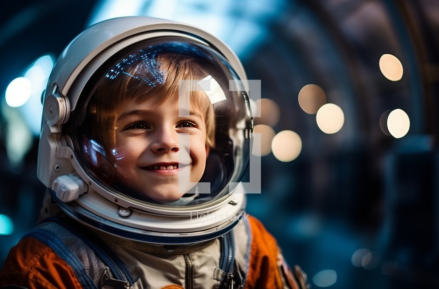 Young boy outfitted as an astronaut