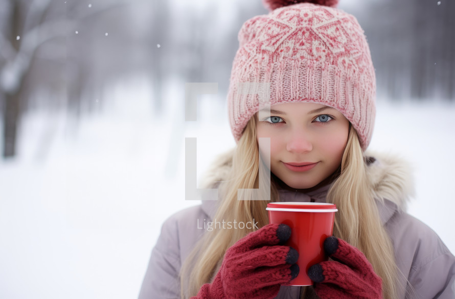 A smiling 17-year-old Norwegian girl in a wintery scene with snow, donning a red wool hat and mittens, and holding a cup of hot cocoa outdoors
