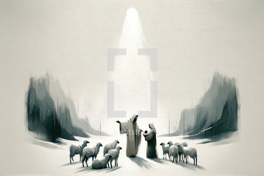 Christmas Nativity Scene. The shepherds visiting Jesus. Black and white artwork