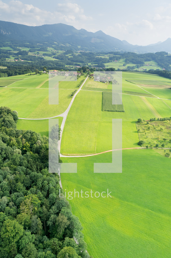 aerial view over Bavaria farmland 