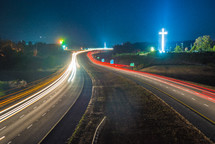 highways at night and streaks of light from headlights 