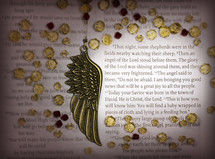 Close-up Christmas scripture - angels announcing Jesus birth, with angels wing and jewels. Luke 2:8-12