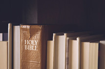 a row of books turn backwards and the Bible 