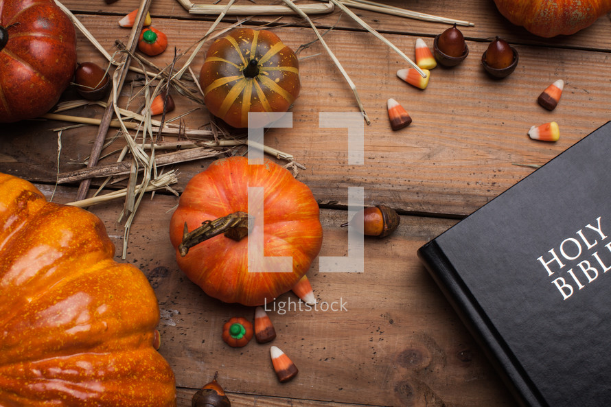 Holy Bible on a wood table surrounded by pumpkins