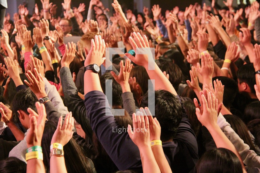 hands raised in an audience 