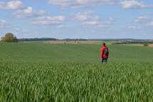 a woman standing in a corn field 