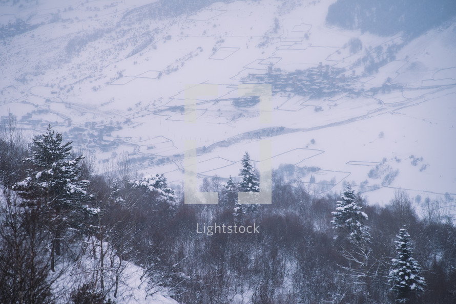 Snowy mountain village in winter