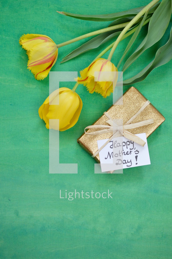 yellow tulips and a wrapped mother's day gift 