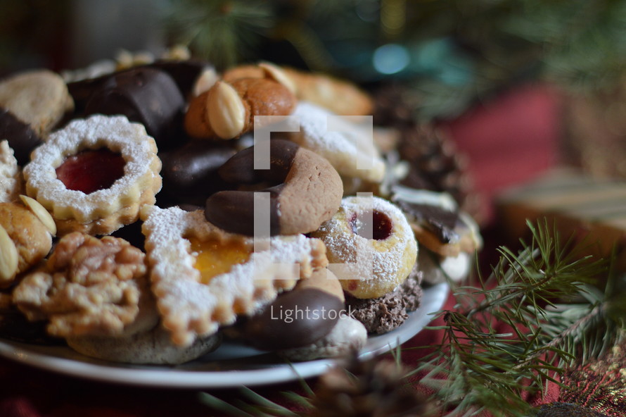 christmas cookies on a plate with christmas decoration. 
