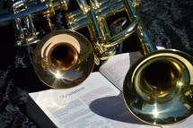 trumpets on a Bible open to the book of Revelation. 