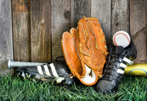 cleats, baseball bat, baseball, baseball glove, grass, sports, wood fence, spring