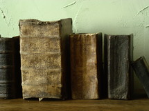 Antique books on a shelf against a stucco wall. 
old, book, books, ancient, treasure, precious, antique, renaissance, wood, desk, wooden, page, pages, history, past, foretime, long ago, preserve, conserve, save, used, shared, in use, aged, antiquarian, worn, letters, leather, bound in leather, vintage, shelf, stucco, wall, row, very old