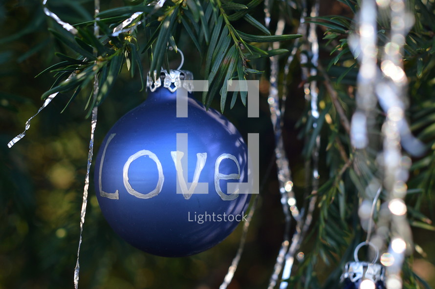 The word Love written in silver letters on blue Christmas ornament bulbs. 
joy, love, hope, grace, peace, Christmas, X-mas, Christmas ball, Christmas tree ball, Christmas glitter ball, bauble, balls, ball, baubles, sphere, spheres, bulb, bulbs, ornament, ornaments, decoration, deco, decorations, fir, branch, twig, silver, blue,  write, written, writing, word, fir branch, fir-bough, pine, tree, advent, celebrate, celebrating, celebration, holidays, tradition, traditional, letter, letters, bright, shining, shine, tree, Christmas tree, hanging, lametta, tinsel
