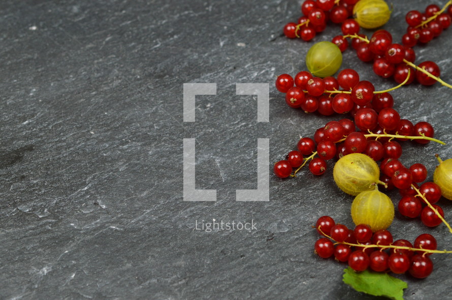 red and green berries on slate 
