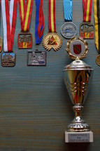 medals and cup on cyan wooden background