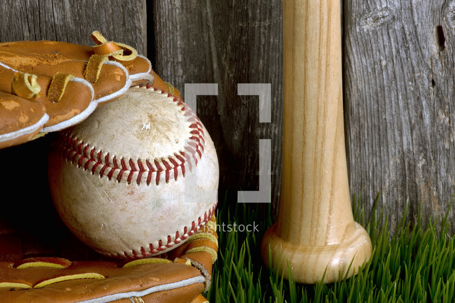 baseball, glove, and baseball bat 