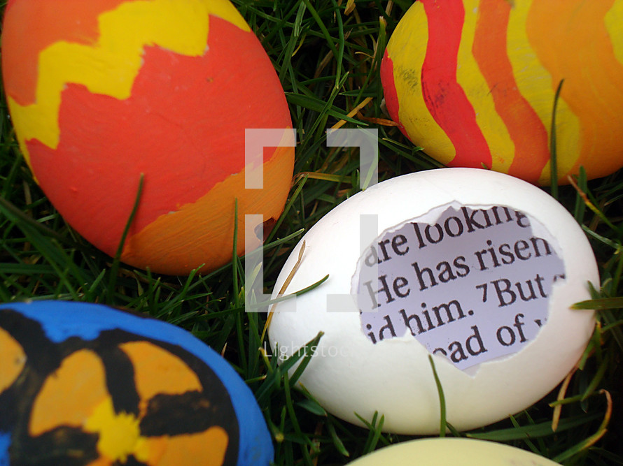 eggshell in the gras with a piece of the bible inside saying: HE HAS RISEN! between colored eggs, 