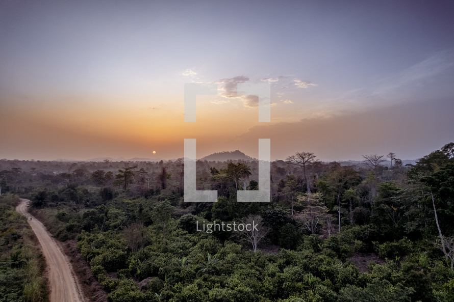 Sunset over the jungle in The Ivory Coast of West Africa
