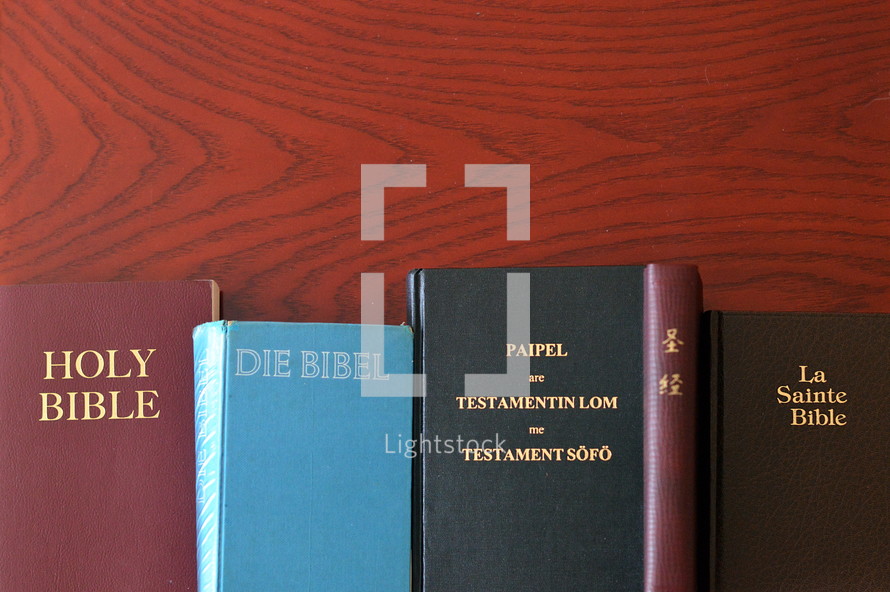Bibles in different language lined up on a table.