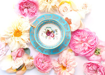 overhead tea cup and flowers 