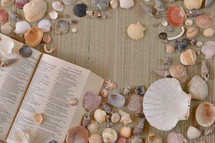 seashells and open Bible on mat 