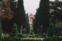 Square with decorative evergreen bushes