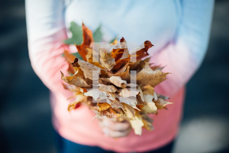 child holding fall leaves 
