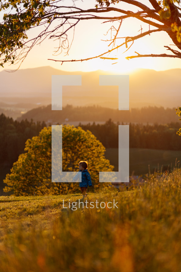 Boy walking on a field during sunset