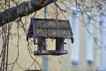 old bird feeder hanging from a tree 