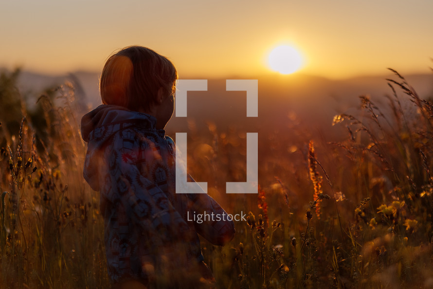 Boy looking towards the setting sun in a grassfield