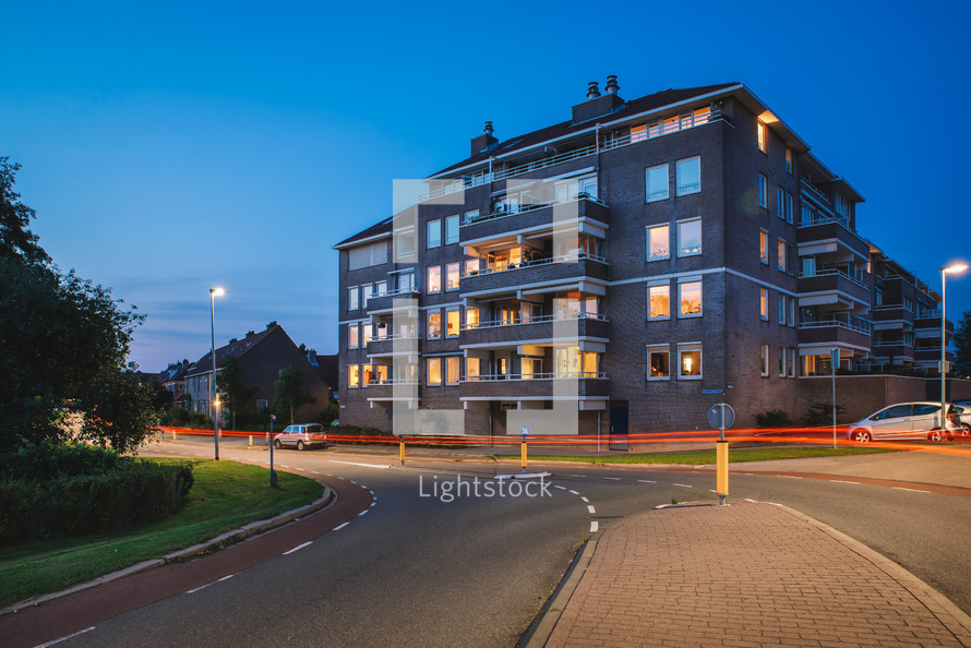 Building and light trails in the evening